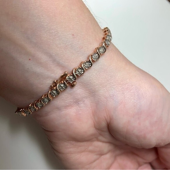Tennis Bracelet 10K Rose Gold Plated .925 Sterling Silver 1.0 Cttw Diamond - Picture 5 of 14